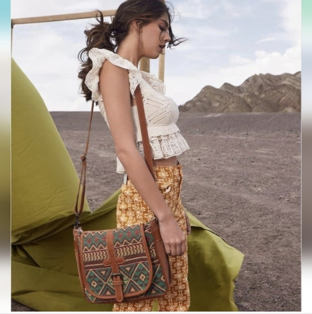 Myra Bag Western Leather Shoulder Canvas Crossbody Electric Ice Turquoise Brown - Picture 16 of 16